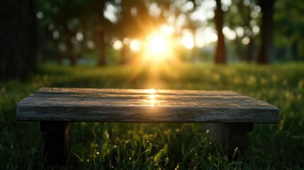 Rustic wooden bench in a park at sunset.  Sunlight beams through the trees