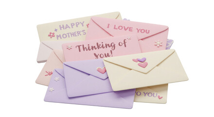 A collection of colorful envelopes with loving heartfelt messages for mothers day, isolated on transparent background