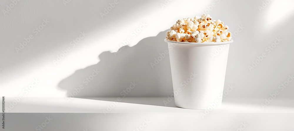 Poster a caramel popcorn cup placed on the left with a white background and space available for adding text