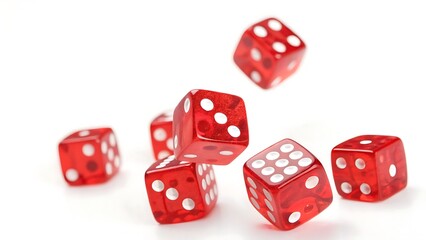 Red Dice Tumbling In A Thrilling Game Of Chance Against A Bright White Background, Capturing The Excitement And Uncertainty Of A Roll