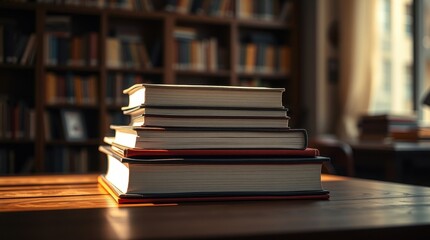 Stack of Books in a Cozy Library with Warm Lighting