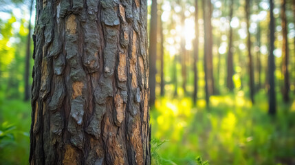 Fototapeta premium a Pine Tree Trunk in a Forest, with a Blurred Background, Sunlight Illuminating Green Plants, Creating a Shallow Depth of Field on a Sunny Day