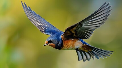 Barn swallow mid flight wings spread wide deep blue rust colored plumage sharp beak blurred countryside background crisp professional capture
