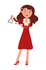 Woman in red dress playing triangle in cheerful musical setting
