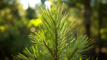 Pine Leaves on a Small Pine Tree Branch in a Forest, Sunlight Illuminating Green Plants with a Blurred Background and Shallow Depth of Field on a Sunny Day