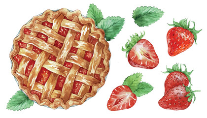Traditional strawberry pie tart. Watercolor illustration of sweet baked pastry food or dessert. Different flavors of pie pastries isolated on white background.