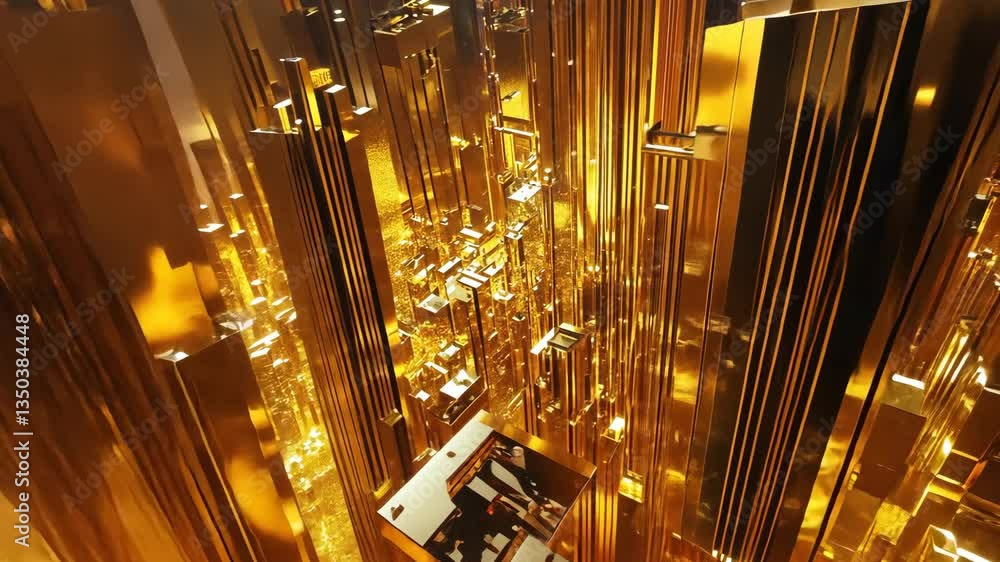 Poster golden cityscape with towering structures and reflective surfaces generative ai