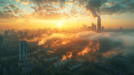 Fototapeta premium Aerial view of a city skyline at sunrise with fog and smoke, showcasing urban life and nature's beauty