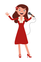 Happy girl singing in a red dress with a microphone on a white background