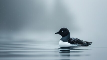 Fototapeta premium Black guillemot floating calm arctic waters striking black and white plumage soft cold mist rising in the background ultra realistic depth