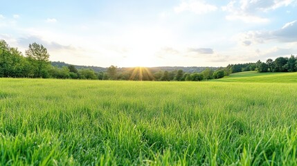 Fototapeta premium Lush green field at sunset, serene countryside