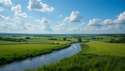 Obraz premium Serene river meandering through lush green fields under a picturesque sky a perfect landscape for your project