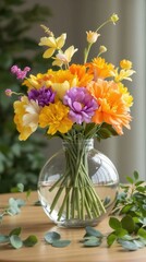 A vase filled with a colorful bouquet of flowers sits on a table
