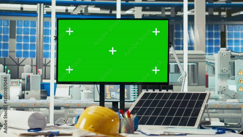 Poster isolated screen display in photovoltaics factory used to monitor performance of robot arms manufactu