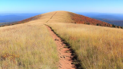 Fototapeta premium A dirt path winding up and over a grassy mountain ridge