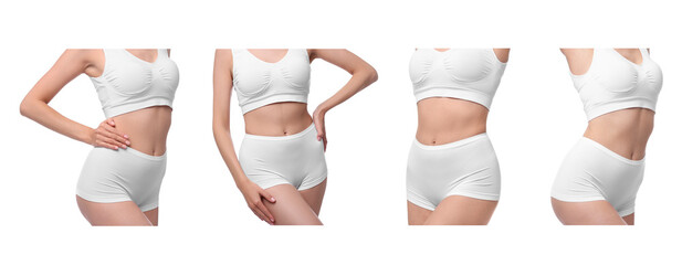 Diet and weight loss. Woman showing her slim body on white background, closeup. Collage of photos