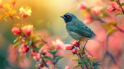 Black capped tanager perched a blooming pink flower deep green and sky blue feathers shining under soft golden light blurred background