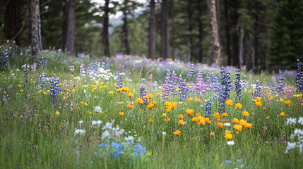 Vibrant wildflower meadow in a lush forest, showcasing colorful blooms amidst green foliage