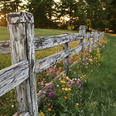Naklejka premium A wooden fence with a field of flowers in front of it