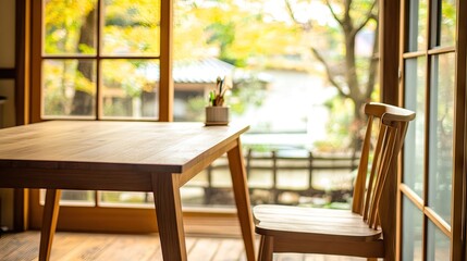 Fototapeta premium A spacious and durable rubber wood work table, paired with a modern wooden chair