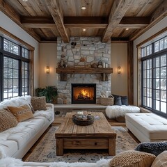 Living room with stone fireplace and beams high resolution picture