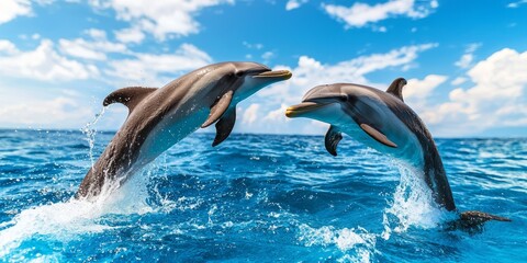 Two Dolphins Jumping Joyfully Over Crystal Clear Ocean Water