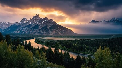 Golden sunrise over a misty mountain lake creates a scenic landscape with fog and clouds - Powered by Adobe