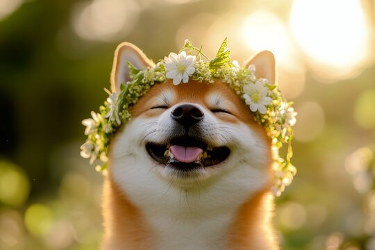 Sunny days happiness. Golden hour in sunset. Cute adult dog shiba inu wearing untamed flower circlet on its head. Puppy exploring nature. Summer joy for pets. Dog surrounded by flowers.