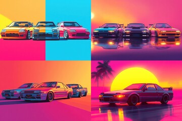 Retro Japanese sports cars in vibrant 80s style.