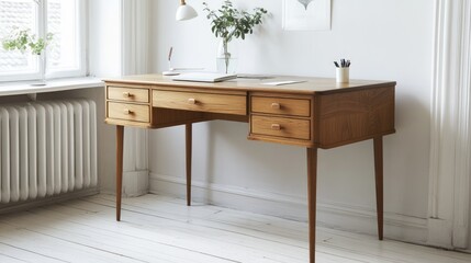A stylish wooden writing desk with multiple drawers, placed in a balanced and inviting workspace