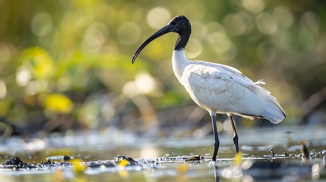 Black headed ibis standing a shallow wetland striking white and black contrast delicate water reflections perfect soft natural lighting