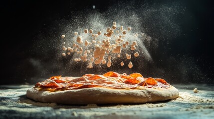 A Fresh Pizza Base Levitating with Flour Particles: Artisanal Dough, Perfectly Prepped for the Ultimate Crispy and Fluffy Crust