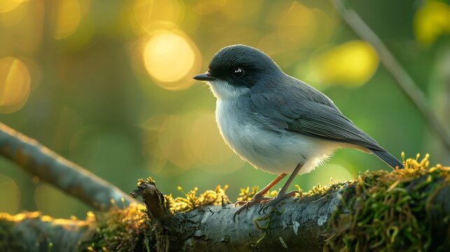 Black headed sibia resting a moss covered branch delicate white and black plumage glowing in soft diffused jungle light cinematic ultra realistic focus