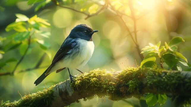 Black headed sibia resting a moss covered branch delicate white and black plumage glowing in soft diffused jungle light cinematic ultra realistic focus