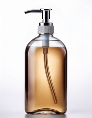 Fototapeta premium Transparent dispenser bottle with pump filled with amber liquid on white background
