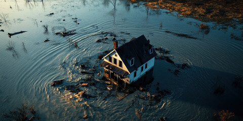 The house is flooded by a powerful flood, the water destroys the structure. Natural disaster, calamity, destruction, extreme situation. Consequences of a major flood, climate change, crisis.