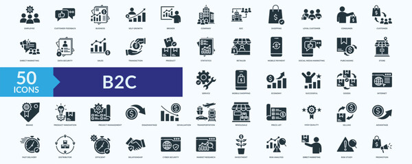 B2C icon collection set with customer feedback, loyal customer, direct marketing, mobile payment, social media marketing	