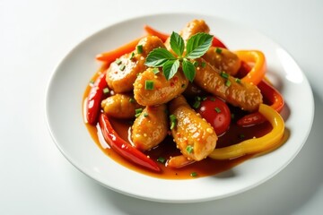 Crispy chicken, sweet-sour sauce drizzled over colorful bell peppers on white plate , bell peppers, food styling