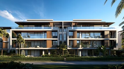 Obraz premium Modern apartment complex with balconies and landscaping