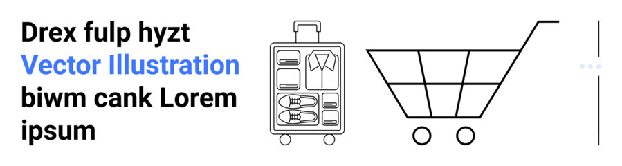 Shopping cart and suitcase outline with neat clothing arrangement. Ideal for e-commerce, travel planning, online retail, packing tips, trip management, logistics, simple landing page