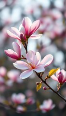 Fototapeta premium Delicate pink magnolia blossoms on a branch, soft spring light, soft, buds