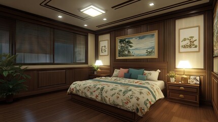 A well-arranged bedroom with a sturdy headboard, bedside tables on both sides, and a serene ambiance