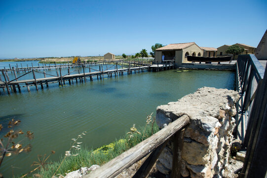 The historic fish farm of Sa Pischera 'e Mar 'e Pontis, Cabras. Province of Oristano, Sinis Peninsula, Sardinia, Italy