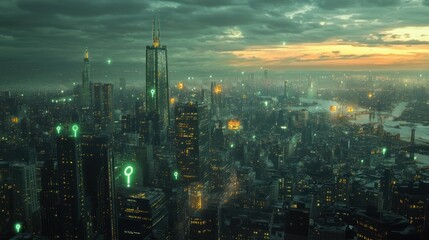 Fototapeta premium Futuristic city skyline at twilight. Possible stock photo use