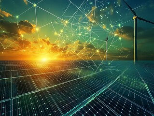 Solar panels and wind turbines generating clean green sustainable energy