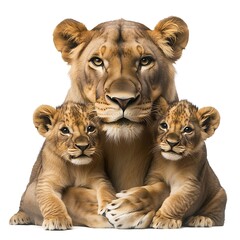 Obraz premium A lioness protects two of her cute lion cub offspring