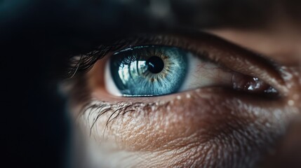 Fototapeta premium Close-up view of a blue eye, focused and observant. Intriguing gaze, details of the eye and skin visible