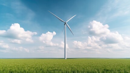 Wind turbine in a field under a vibrant blue sky