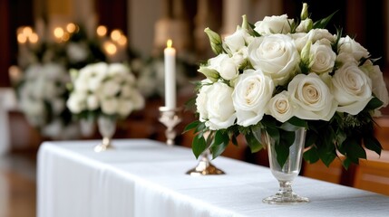 Obraz premium Elegant white floral arrangements and candles on a church altar