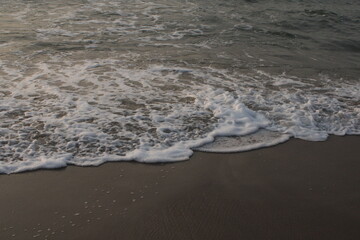 Sunset on the beach by the sea in the evening, coastal landscape, calm lifestyle, walking outdoors, shore nature scenery, soft sun light, adventurous vacation holiday idea, wallpaper, outside trees